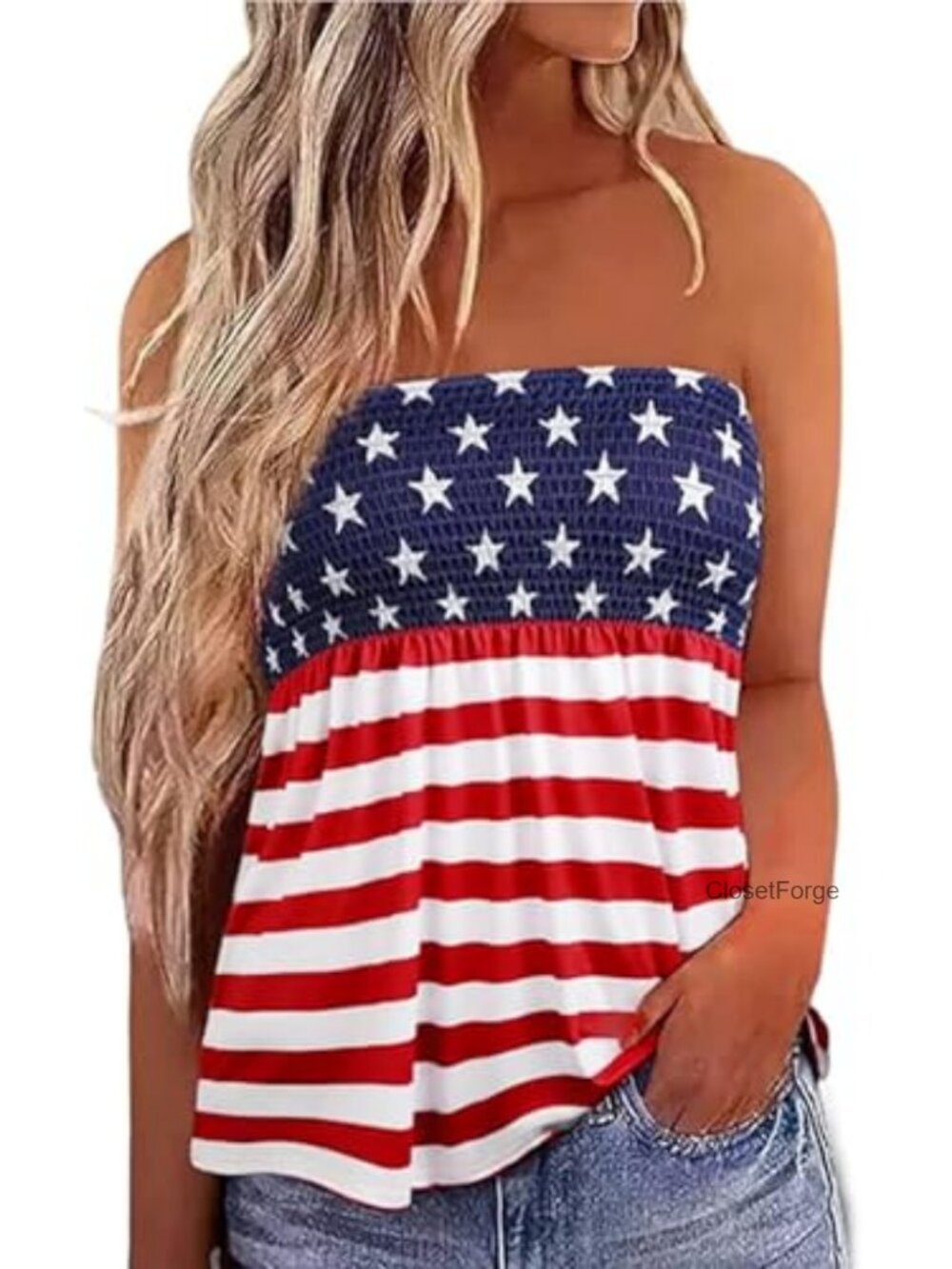 American Flag Strapless Smocked Bandeau Tank Top Women Sleeveless Patriotic